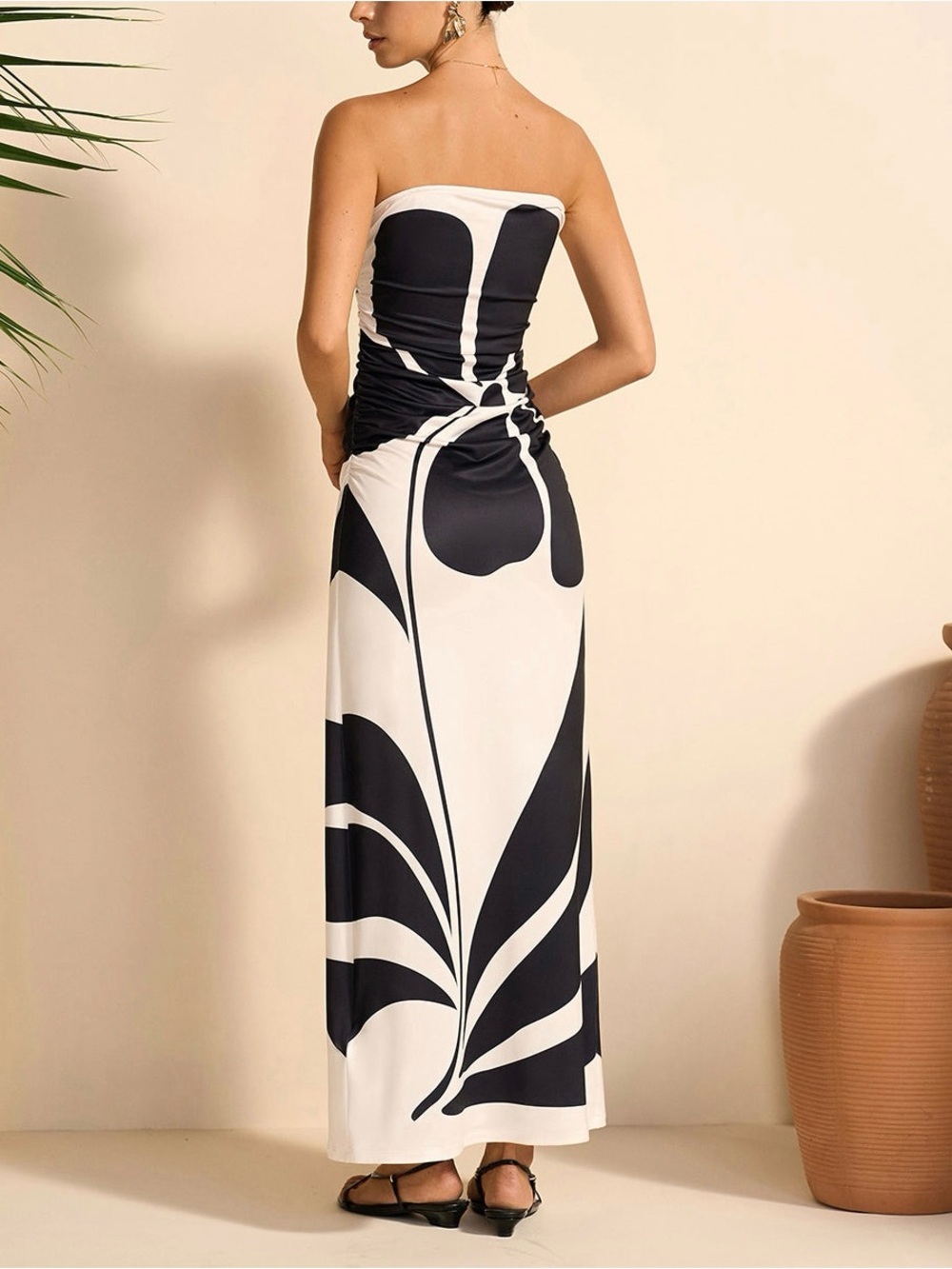 Commense Strapless Floral Maxi Dress Black Ivory Resort Boho Size L - Picture 2 of 6